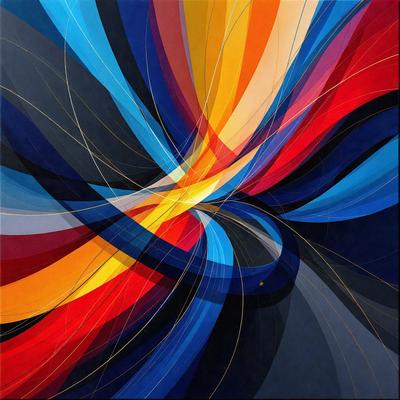 The primary subject of the image is a vibrant and colorful painting featuring a swirling pattern of blue, yellow, and red colors. The painting is displayed on a blue background, which adds to the overall visual style. The colors and mood of the painting evoke a sense of energy and movement, making it an eye-catching and dynamic piece of art.